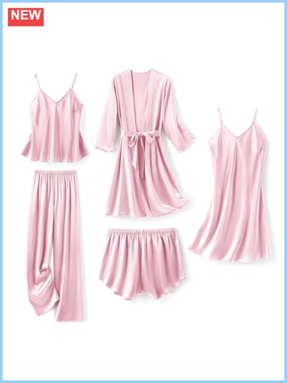 Satin 5 Piece Pajama Set Robe Nightgown Cami Shorts Pants